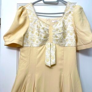 Yellow Cream Floral embroidered Pearl Neckline Midi Dress